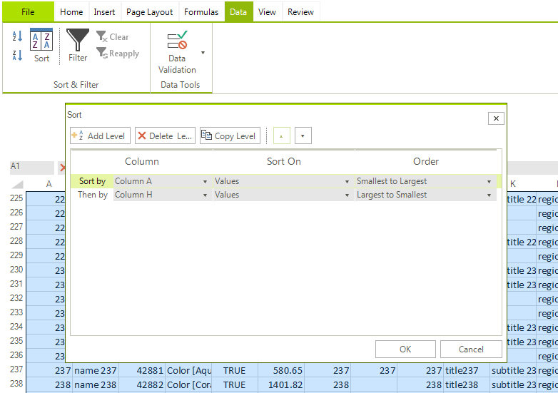 WinForms RadSpreadsheet Sorting dialog