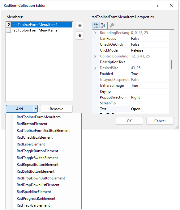WinForms RadToolbarFormControl RadItem Collection Editor