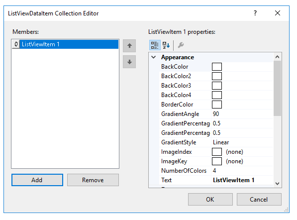 WinForms RadListView ListViewDataItem Collection Editor