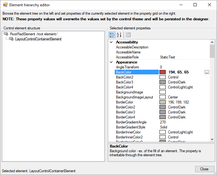 WinForms RadDataLayout Element Hierarchy Editor