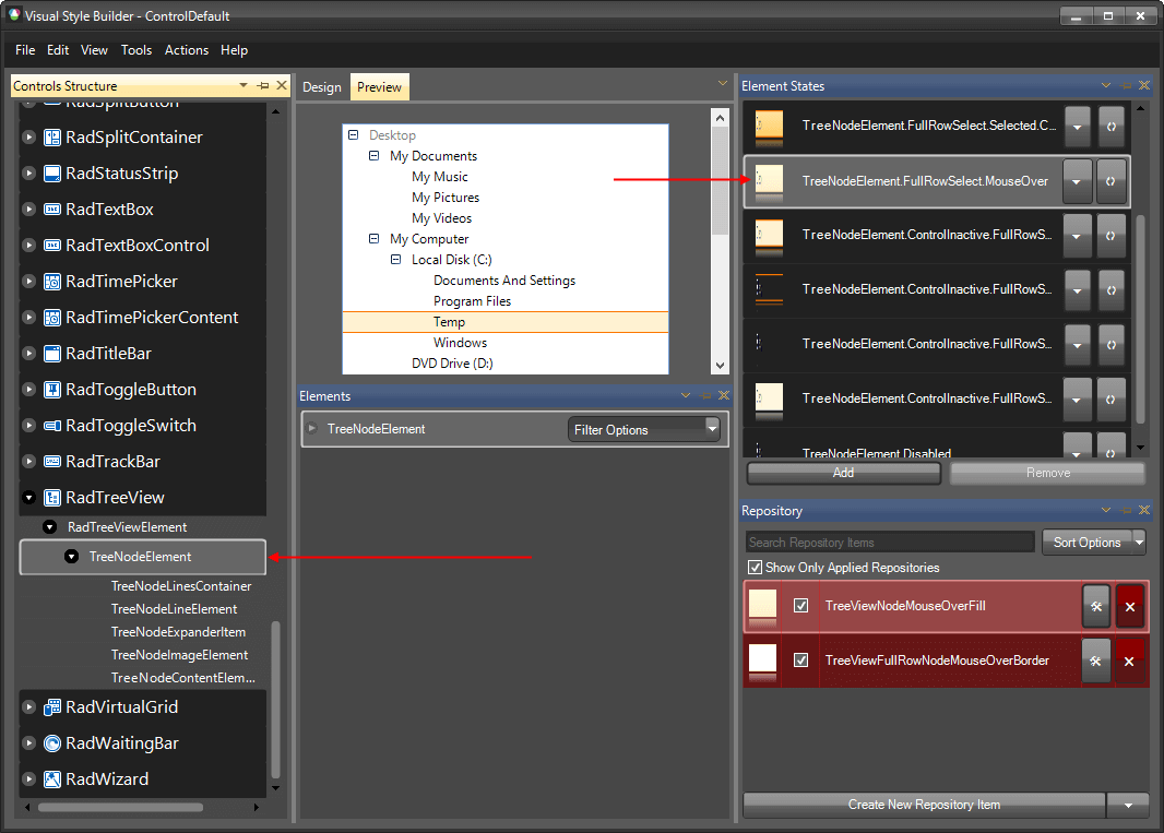 WinForms RadTreeView VSB Controls Structure