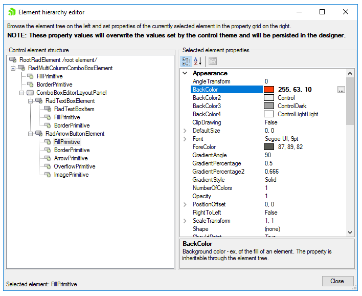 WinForms RadMultiColumnComboBox Element Hierarchy Editor
