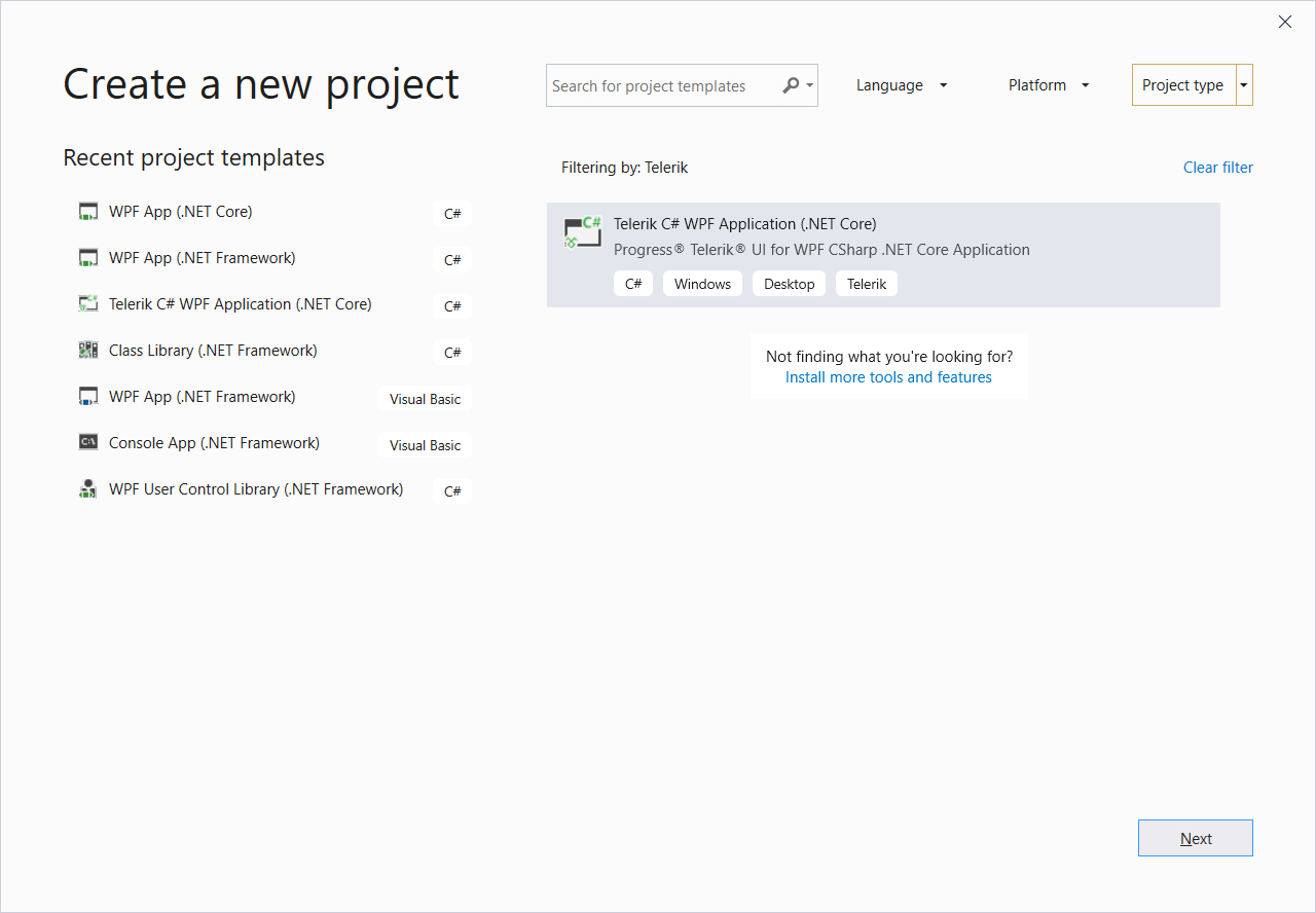 WPF Create New Telerik NET Application