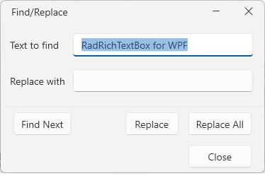 An image showing the find and replace dialog of RadRichTextBox for WPF