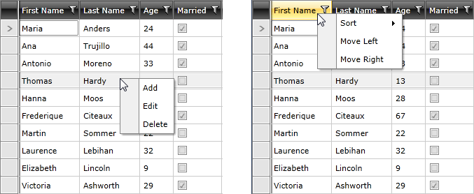 WPF RadContextMenu shown when clicking on a row and header