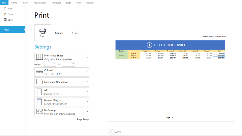 Print preview in Radspreadsheet