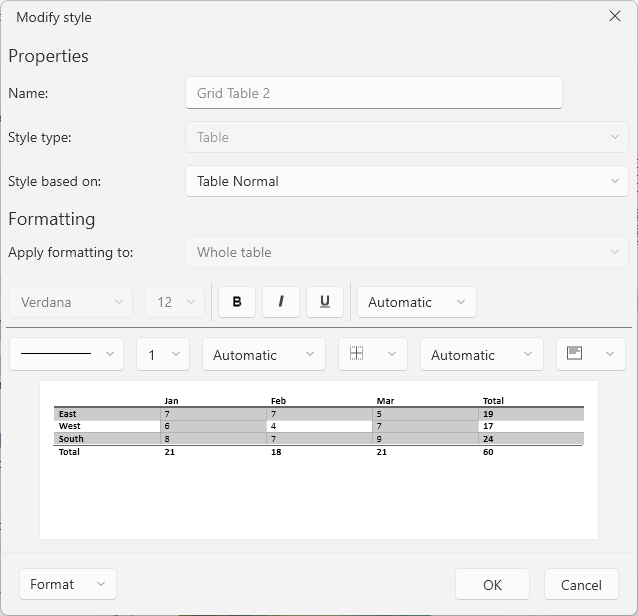 An image showing the modify  table styles dialog of RadRichTextBox for WPF