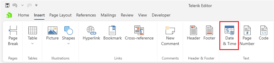 An image showing the button that opens the insert date and time Dialog dialog of RadRichTextBox for WPF