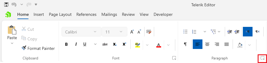 An image showing the button that opens the paragraph properties dialog of RadRichTextBox for WPF