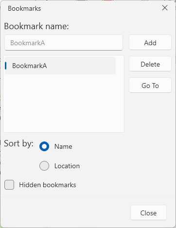 An image showing the bookmarks dialog of RadRichTextBox for WPF