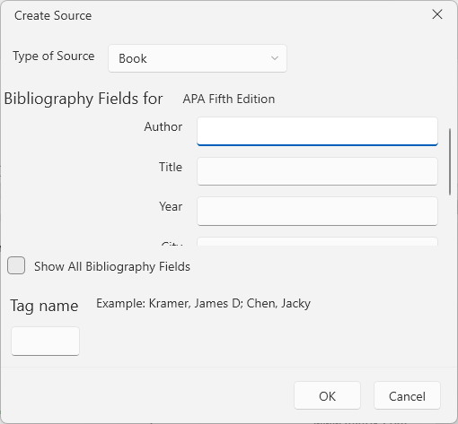 An image showing the bibliographic references dialog of RadRichTextBox for WPF