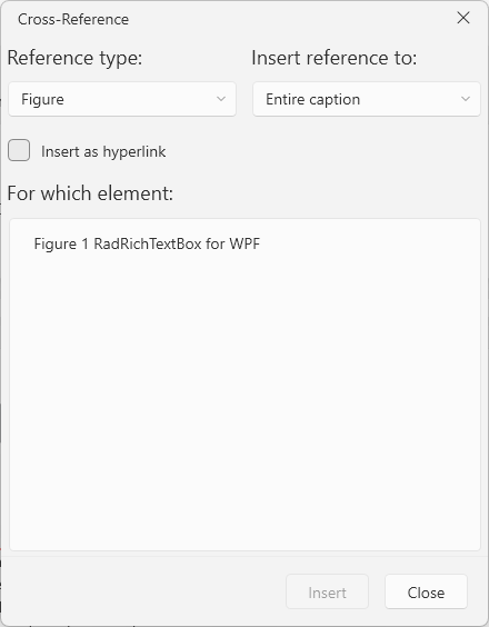 An image showing the cross reference dialog of RadRichTextBox for WPF