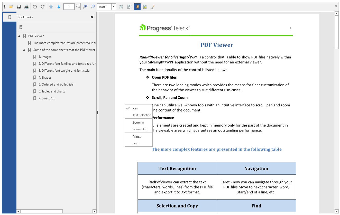 WPF RadPdfViewer RadPdfViewer with default UI, RadPdfViewerNavigationPane and context menu
