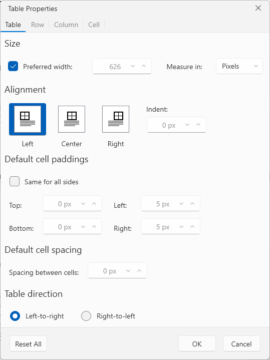 An image showing the table properties dialog of RadRichTextBox for WPF