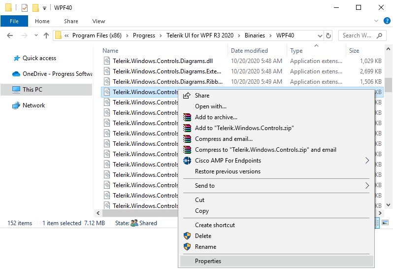 WPF Telerik Assembly Properties Menu Option