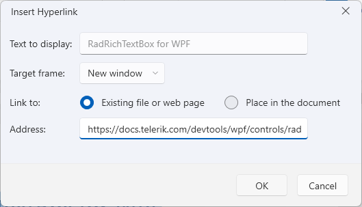 An image showing the hyperlink dialog of RadRichTextBox for WPF