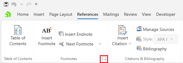 An image showing the button that opens the footnotes dialog of RadRichTextBox for WPF