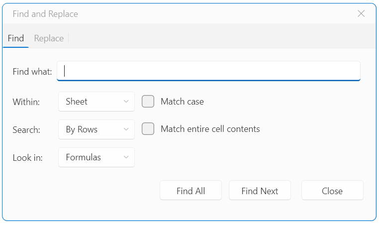 Find and Replace window's Find tab options
