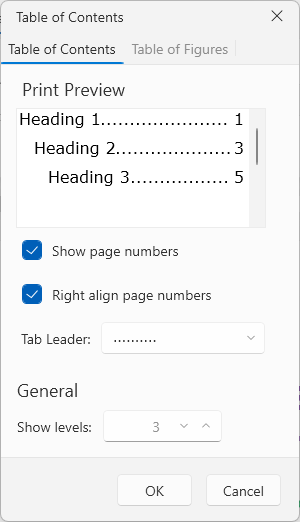 An image showing the table of contents dialog of RadRichTextBox for WPF
