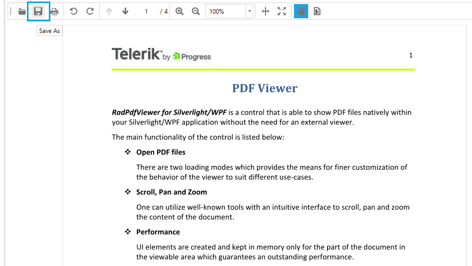 WPF RadPdfViewer Save As button in RadPdfViewer's toolbar