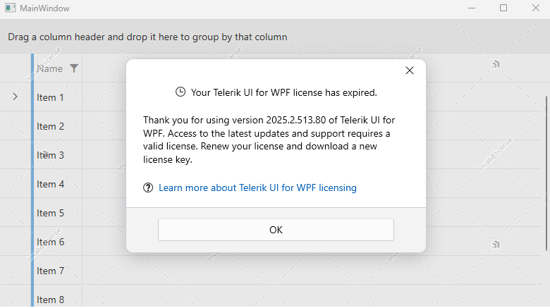 A picture showing the watermark and dialog that occurs when no valid license can be found