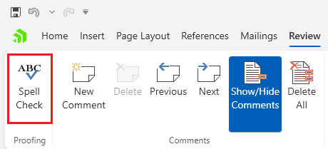 An image showing the button that opens the spell checking dialog of RadRichTextBox for WPF