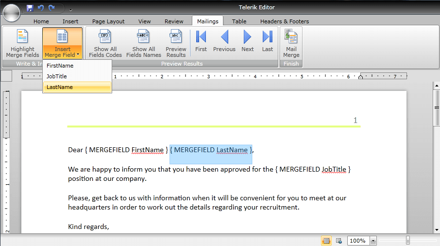 WPF RadRichTextBox Mail Merge Field