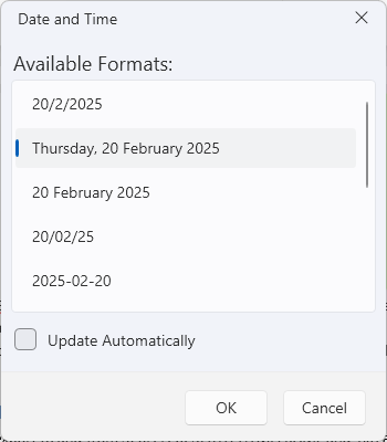 An image showing the insert date and time Dialog dialog of RadRichTextBox for WPF
