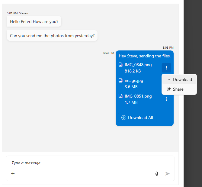 The share and download buttons of a RadChat message