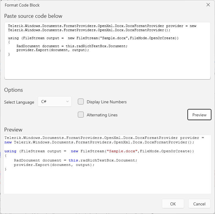 An image showing the format code block dialog of RadRichTextBox for WPF
