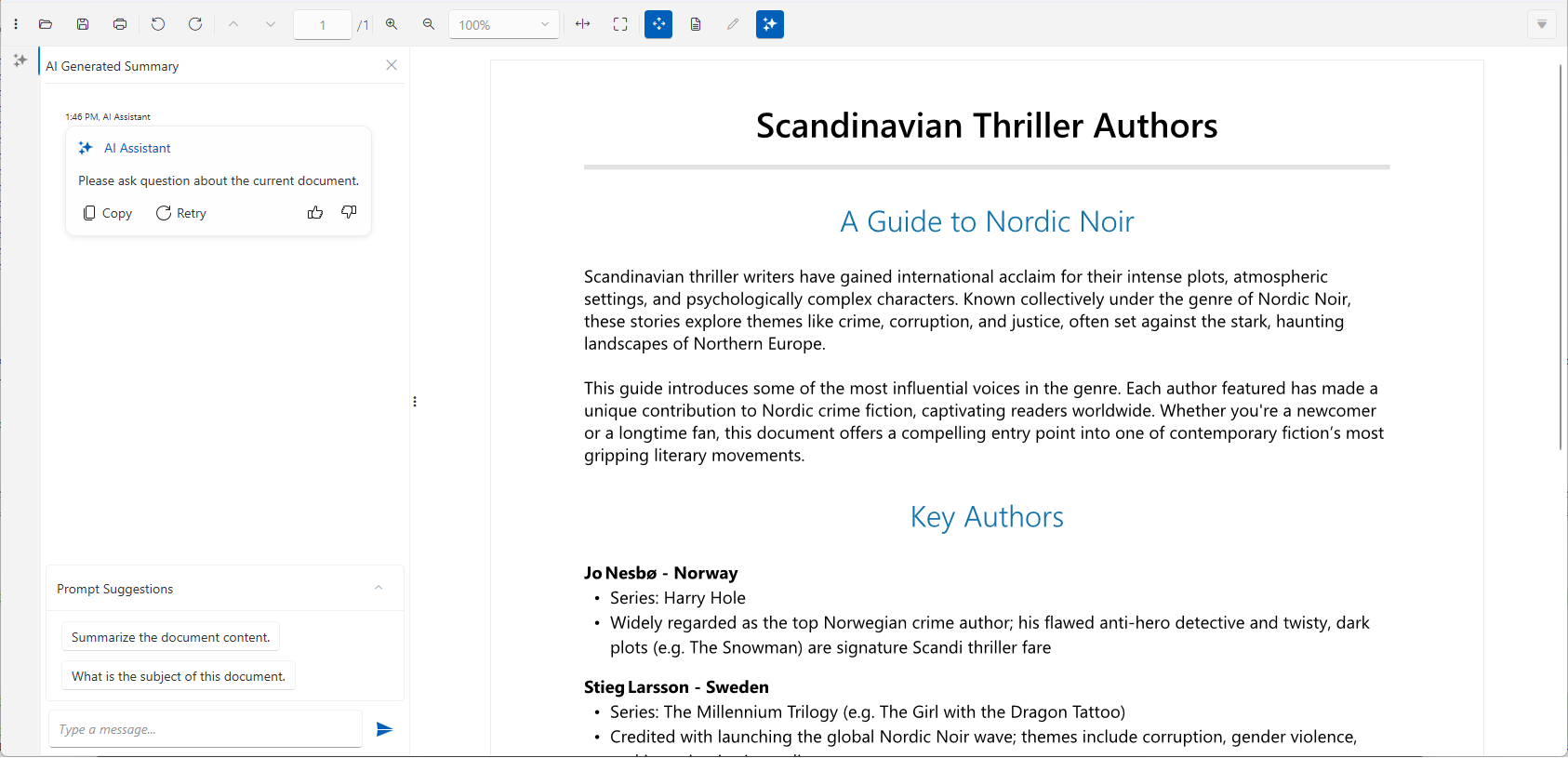 Picture showing the RadPdfViewer UI summarization feature
