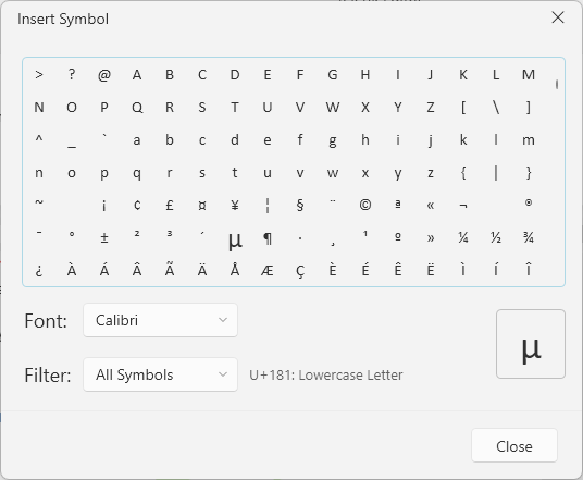 An image showing the insert symbol dialog of RadRichTextBox for WPF