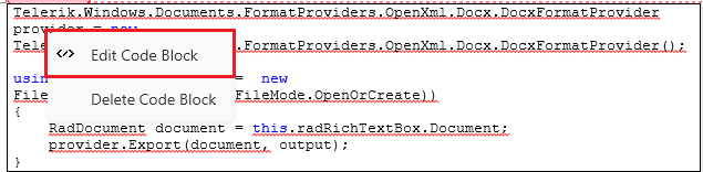 An image showing the context menu that opens the format code block dialog of RadRichTextBox for WPF
