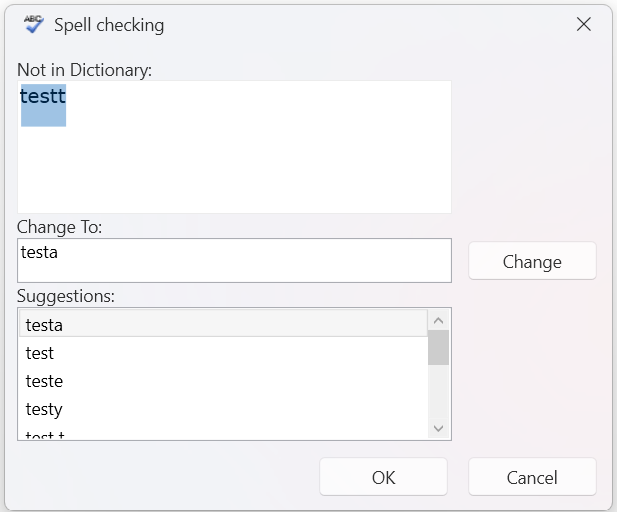 Proofing window with the Add to Dictionary, the Ignore All and the Edit Custom Dictionary buttons hidden