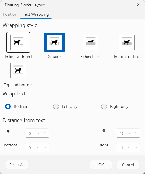 An image showing the floating block properties dialog of RadRichTextBox for WPF