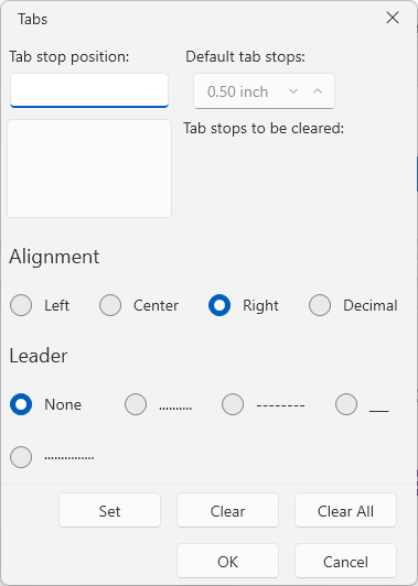 An image showing the tab stops dialog of RadRichTextBox for WPF