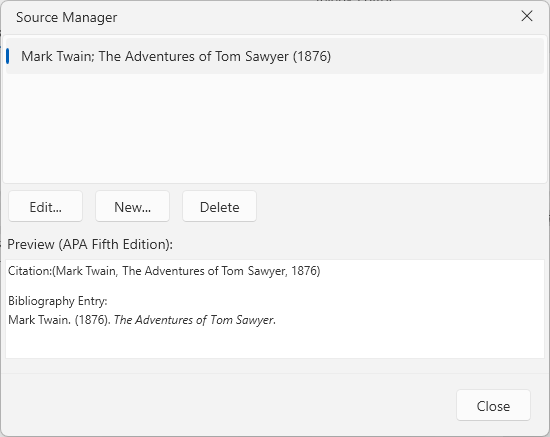 An image showing the bibliographic references dialog of RadRichTextBox for WPF