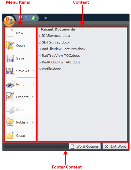WPF RadRibbonView Application Menu Areas