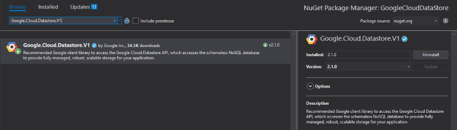Google DataStore Nuget
