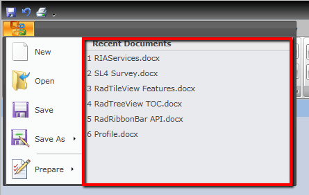 WPF RadRibbonView Recent Documents Content