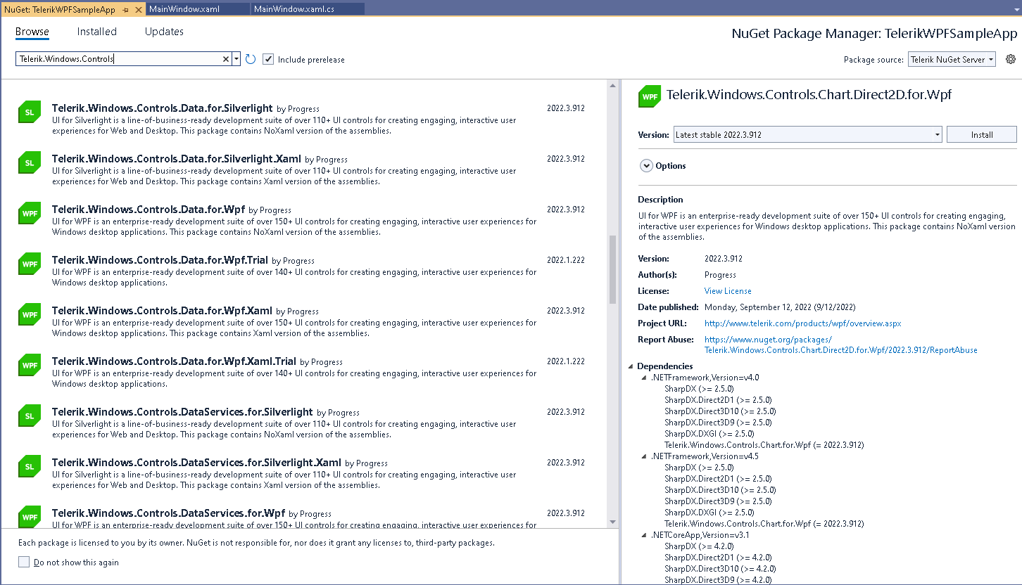 WPF Telerik UI for WPF Available NuGet Packages