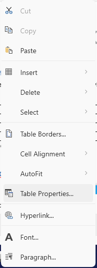 An image showing the context menu option that opens the table properties dialog of RadRichTextBox for WPF