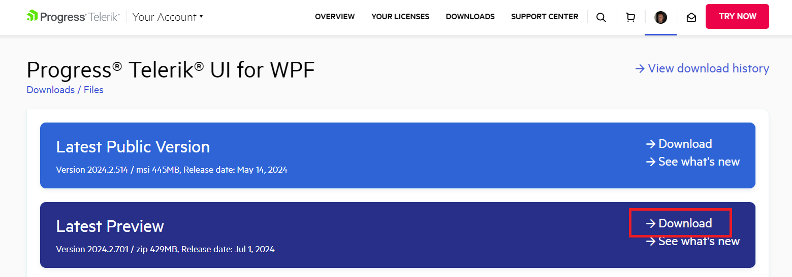 WPF Progress Site Telerik UI for WPF Latest Preview Button