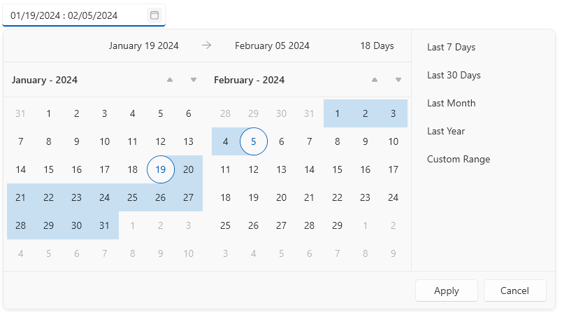 Picture showing WPF RadDateRangePicker with assigned selection range