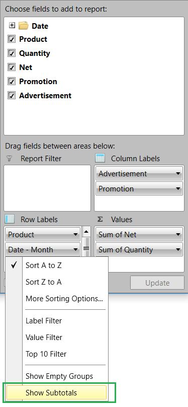 WPF RadPivotGrid Show Subtotals Pivot Field List Item