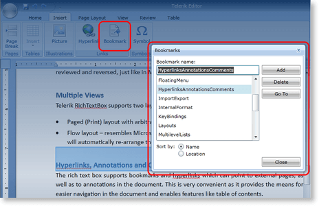 WPF RadRichTextBox Bookmarks Window