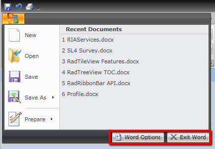 WPF RadRibbonView Application Menu Footer Items