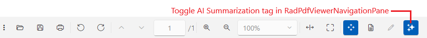 A picture showing RadPdfViewerToolBar with ai summarization button shown