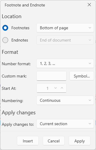 An image showing the footnotes dialog of RadRichTextBox for WPF