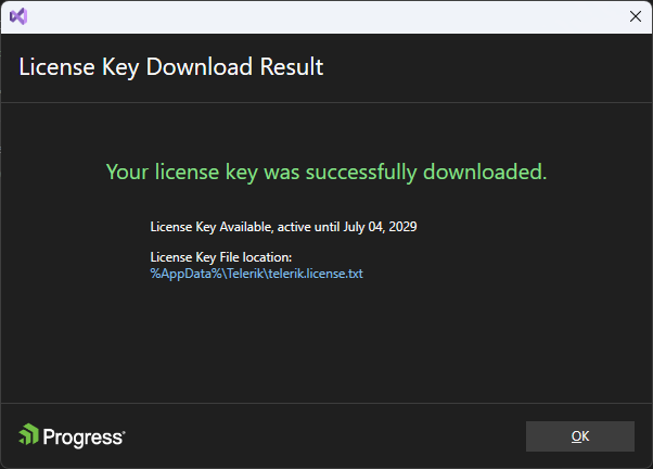 License validation screen - successfull download
